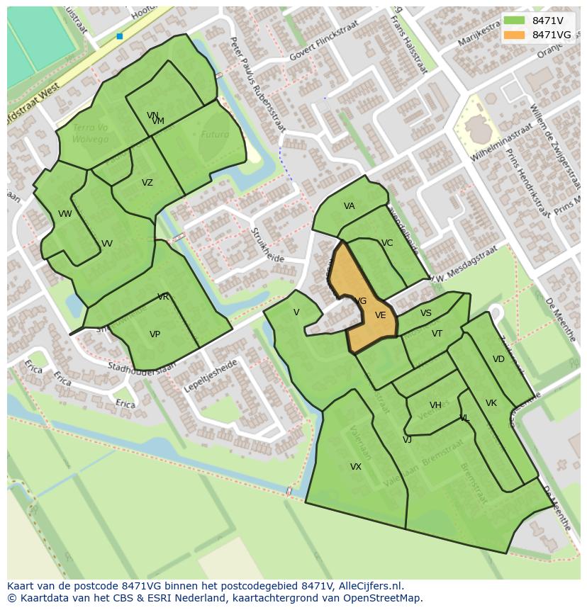 Afbeelding van het postcodegebied 8471 VG op de kaart.