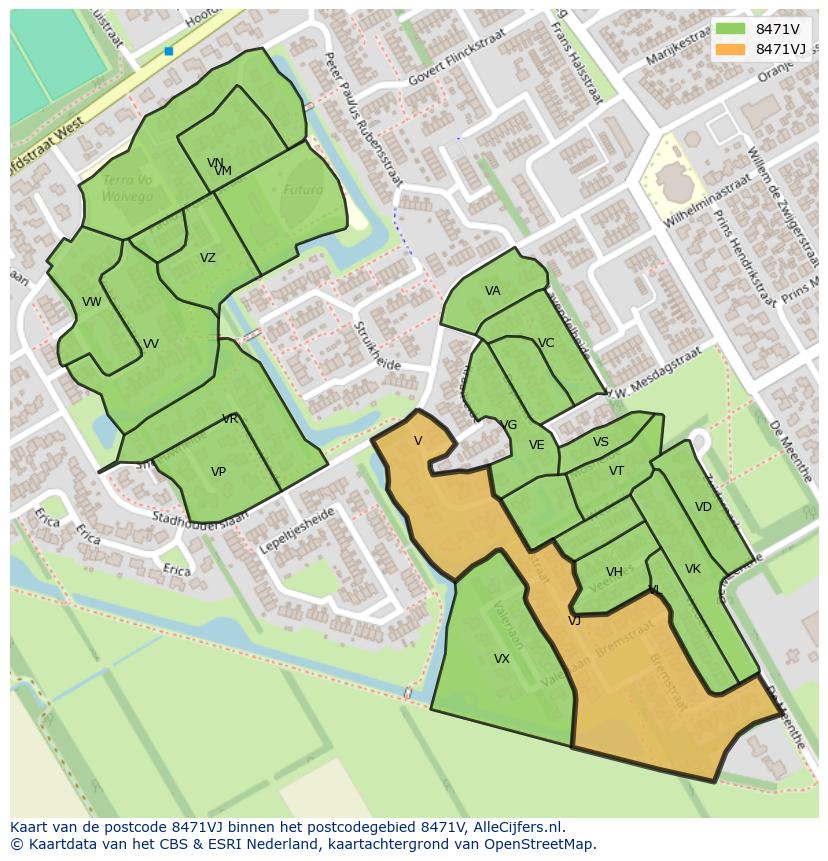 Afbeelding van het postcodegebied 8471 VJ op de kaart.