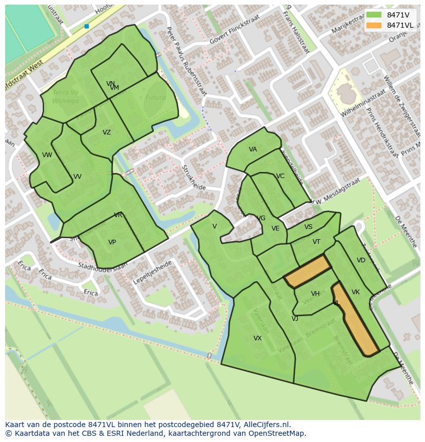 Afbeelding van het postcodegebied 8471 VL op de kaart.