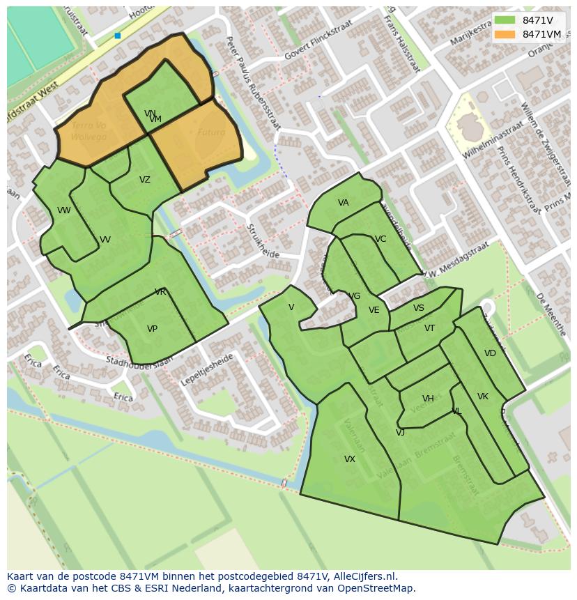 Afbeelding van het postcodegebied 8471 VM op de kaart.