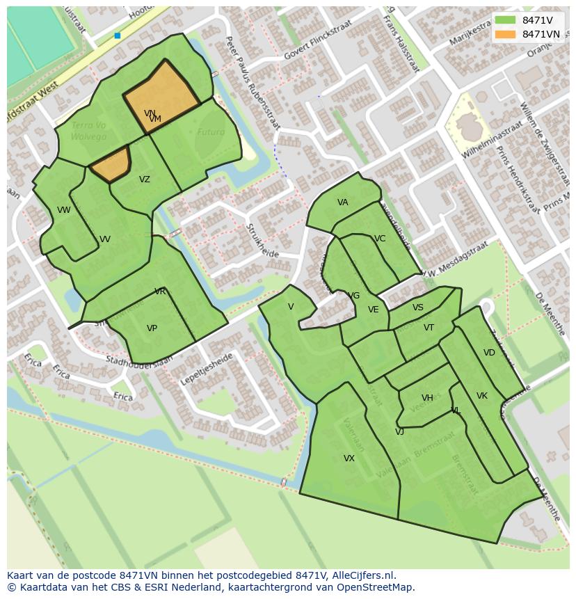 Afbeelding van het postcodegebied 8471 VN op de kaart.