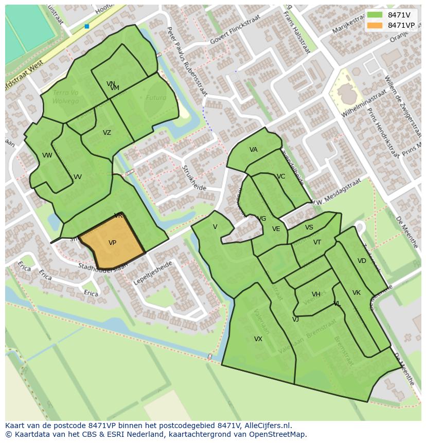 Afbeelding van het postcodegebied 8471 VP op de kaart.