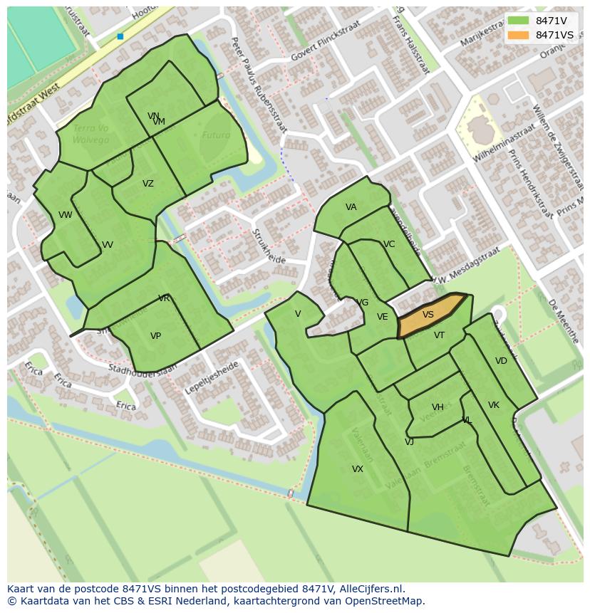 Afbeelding van het postcodegebied 8471 VS op de kaart.