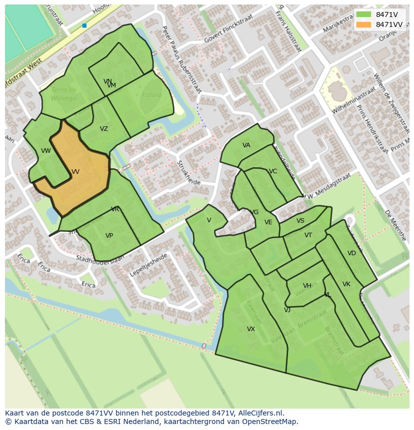 Afbeelding van het postcodegebied 8471 VV op de kaart.