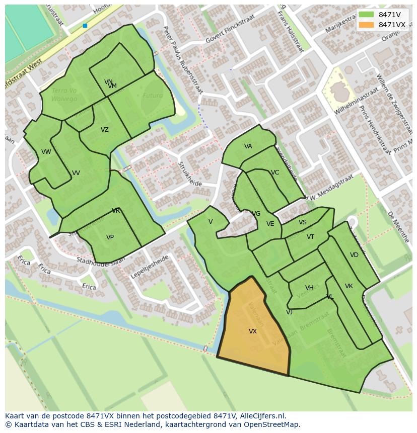 Afbeelding van het postcodegebied 8471 VX op de kaart.