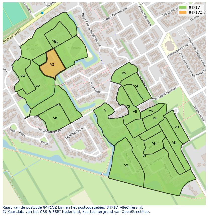Afbeelding van het postcodegebied 8471 VZ op de kaart.