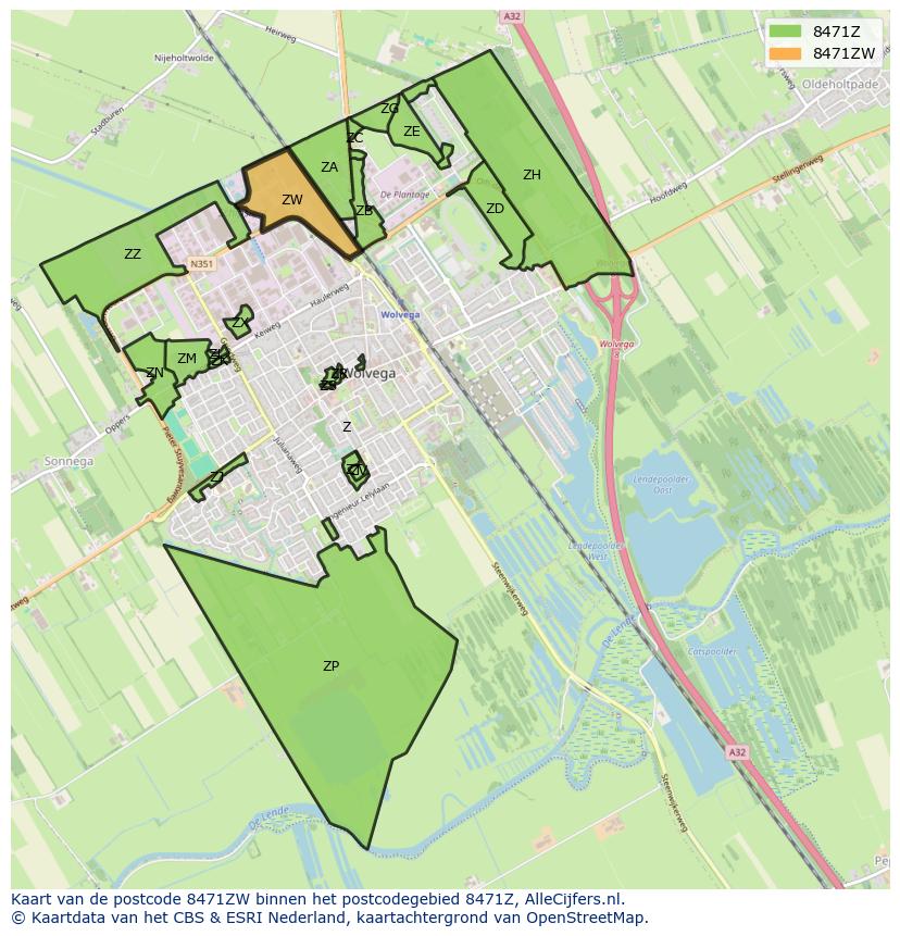 Afbeelding van het postcodegebied 8471 ZW op de kaart.