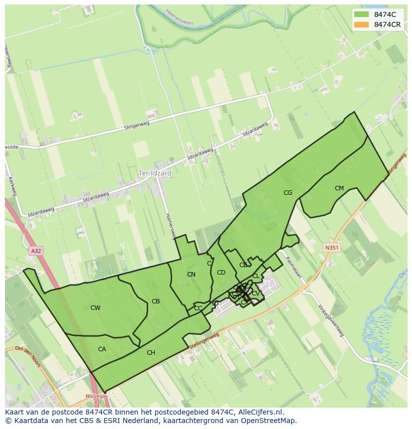 Afbeelding van het postcodegebied 8474 CR op de kaart.