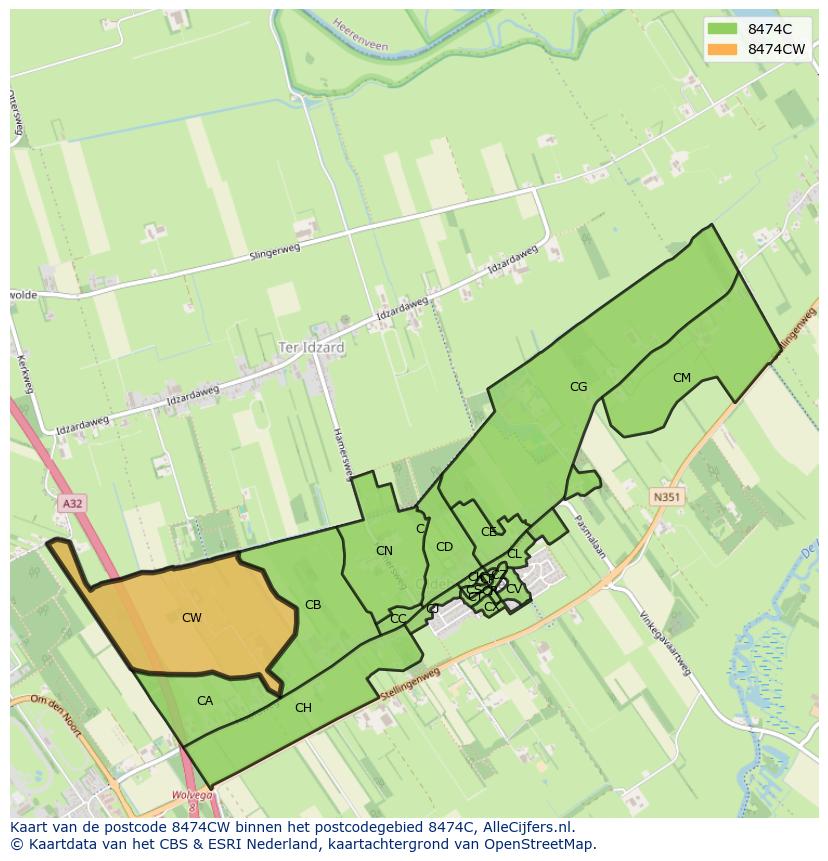 Afbeelding van het postcodegebied 8474 CW op de kaart.