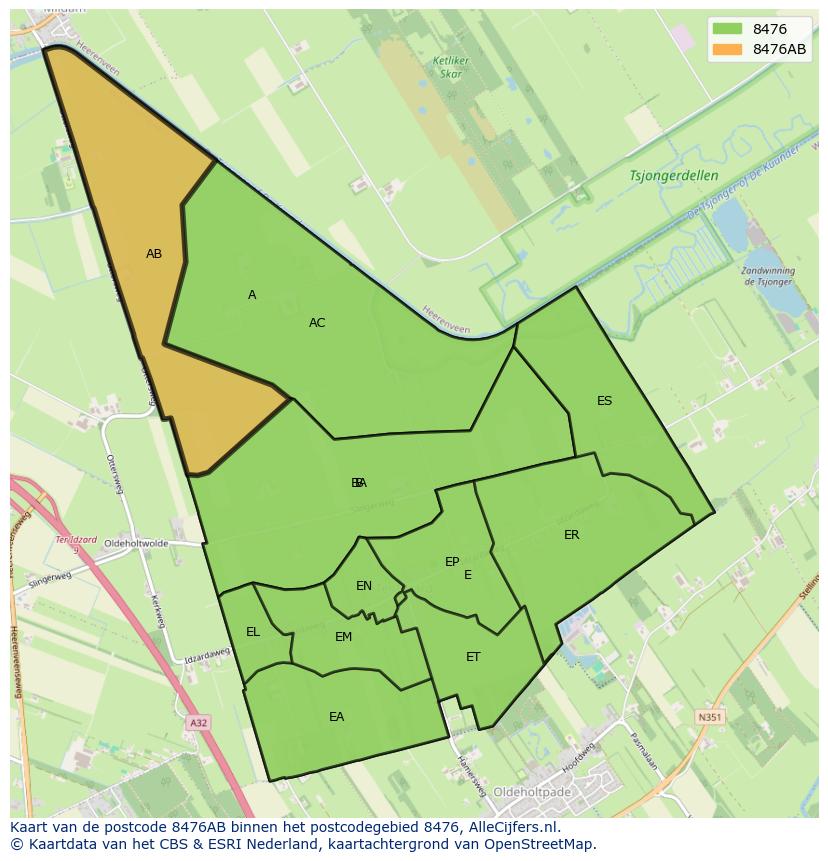 Afbeelding van het postcodegebied 8476 AB op de kaart.