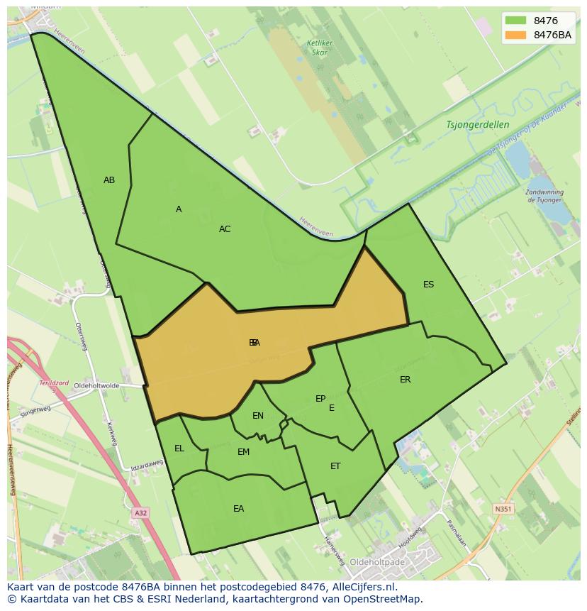 Afbeelding van het postcodegebied 8476 BA op de kaart.