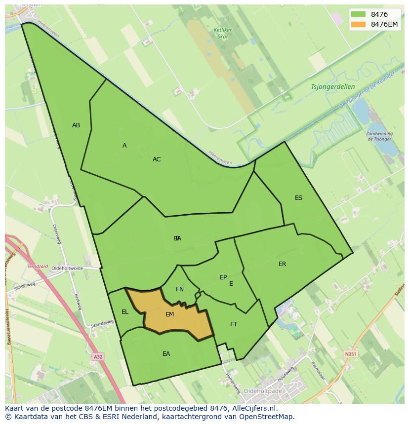 Afbeelding van het postcodegebied 8476 EM op de kaart.