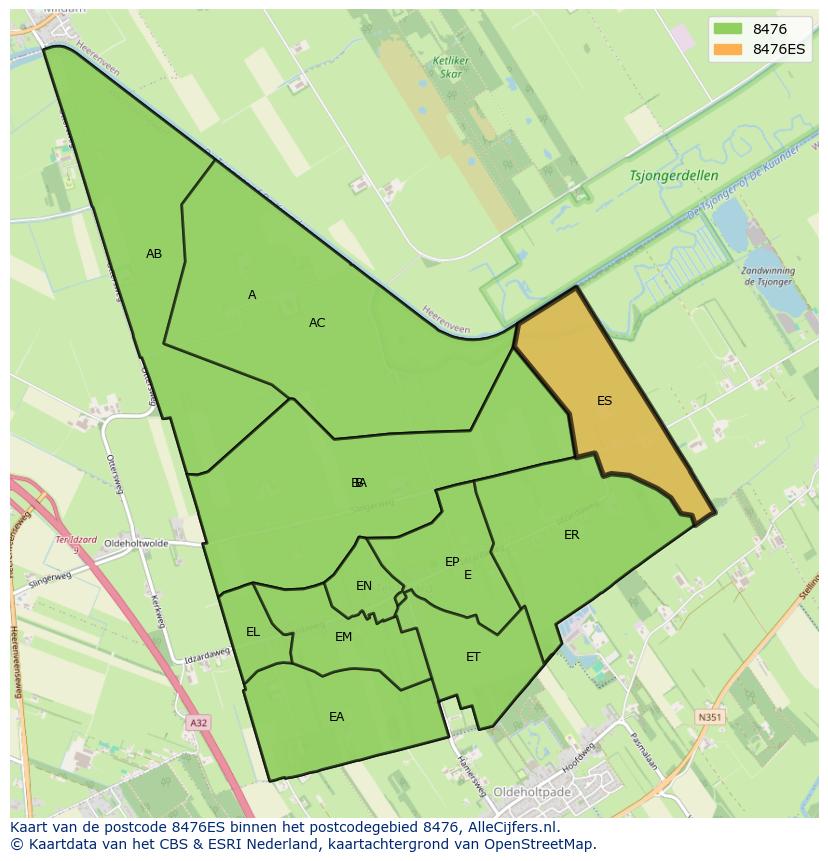 Afbeelding van het postcodegebied 8476 ES op de kaart.