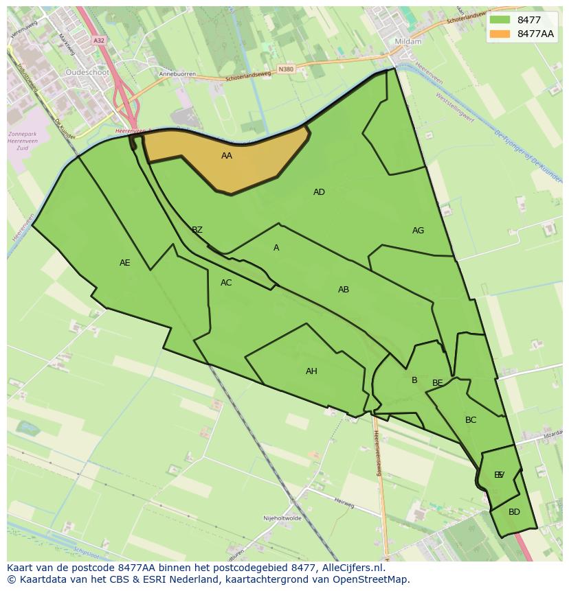 Afbeelding van het postcodegebied 8477 AA op de kaart.