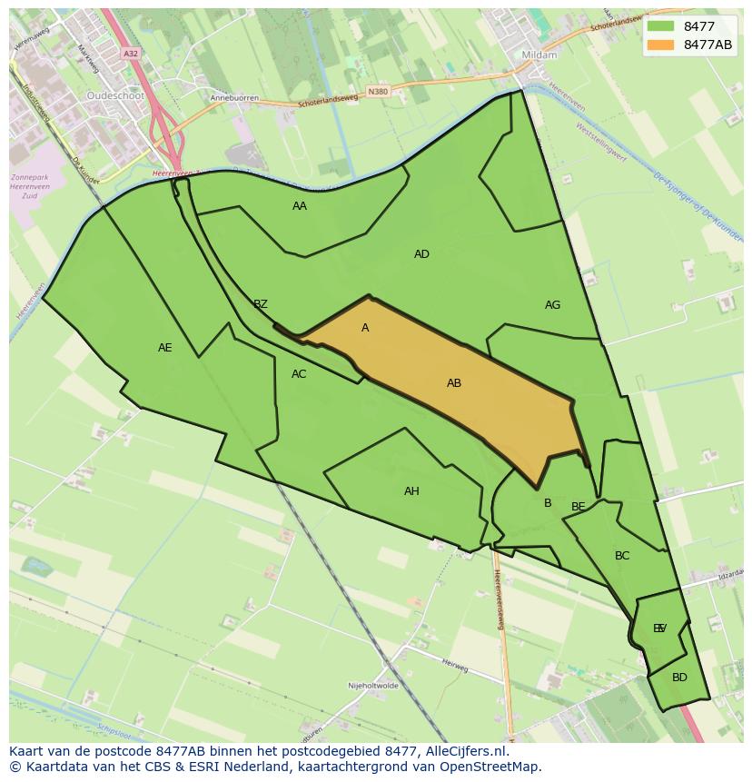 Afbeelding van het postcodegebied 8477 AB op de kaart.
