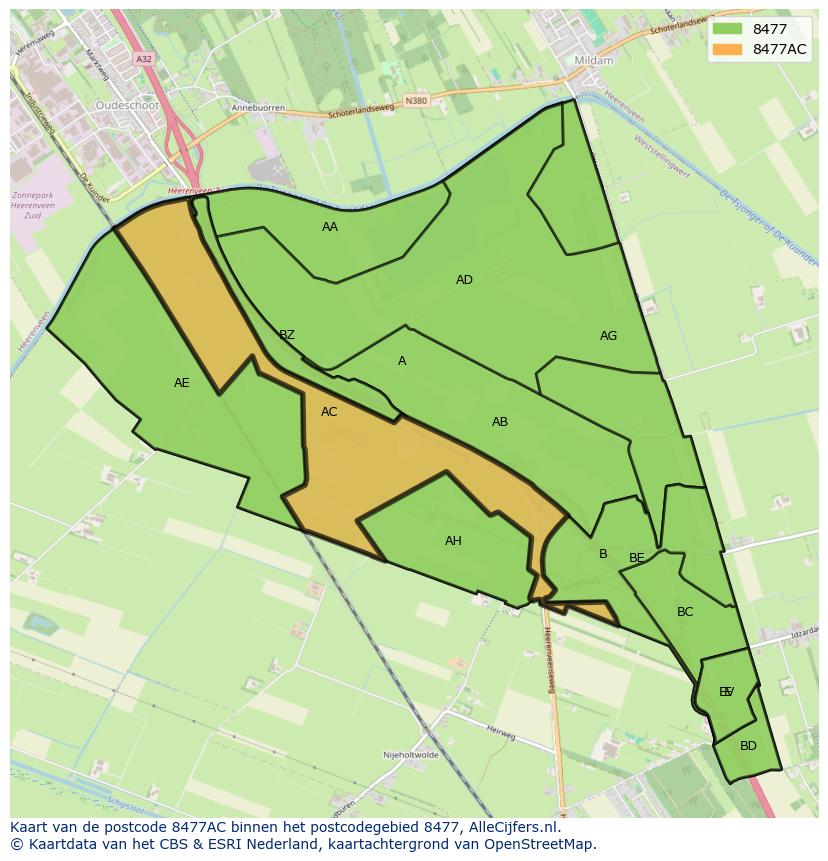 Afbeelding van het postcodegebied 8477 AC op de kaart.