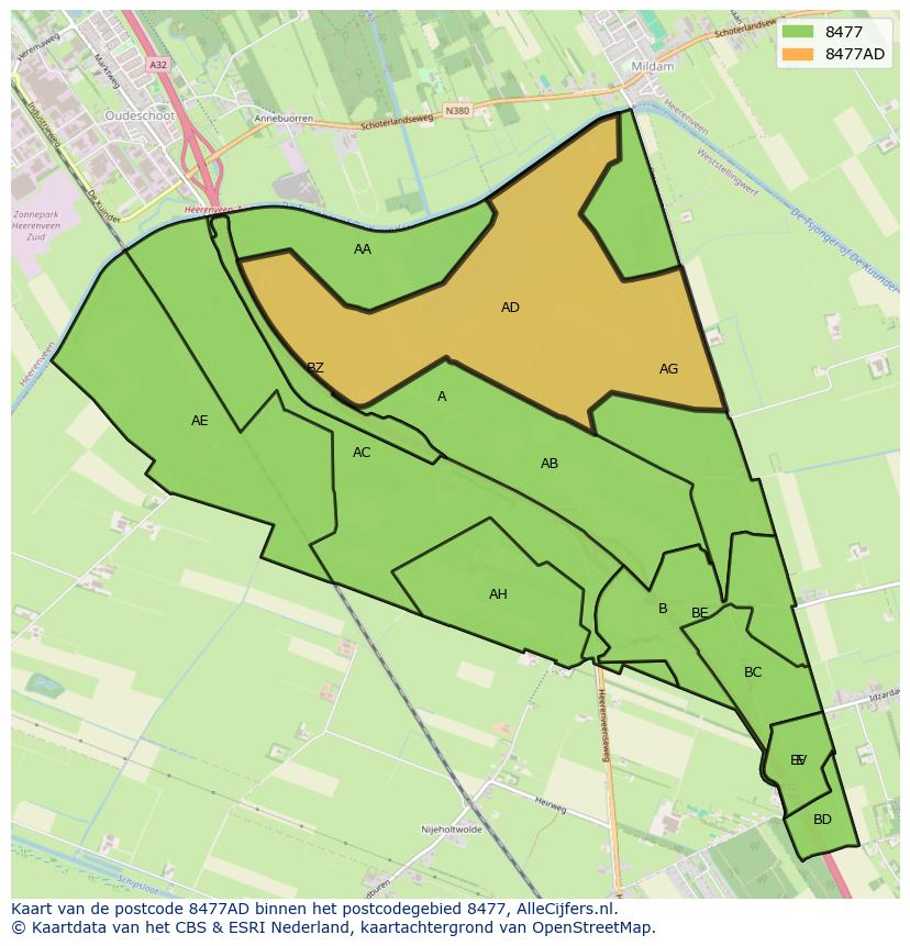 Afbeelding van het postcodegebied 8477 AD op de kaart.