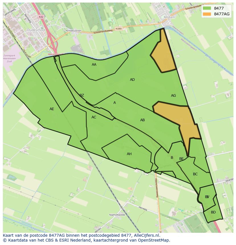 Afbeelding van het postcodegebied 8477 AG op de kaart.