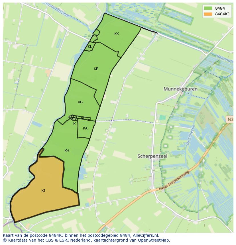Afbeelding van het postcodegebied 8484 KJ op de kaart.
