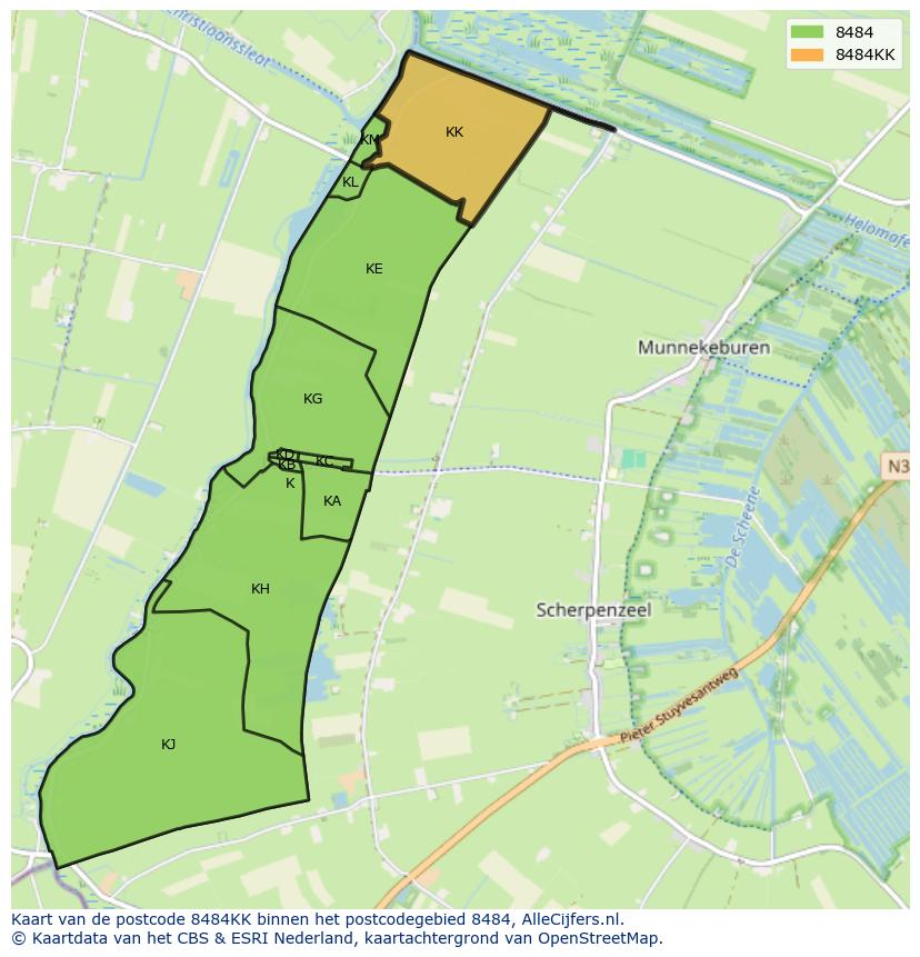 Afbeelding van het postcodegebied 8484 KK op de kaart.