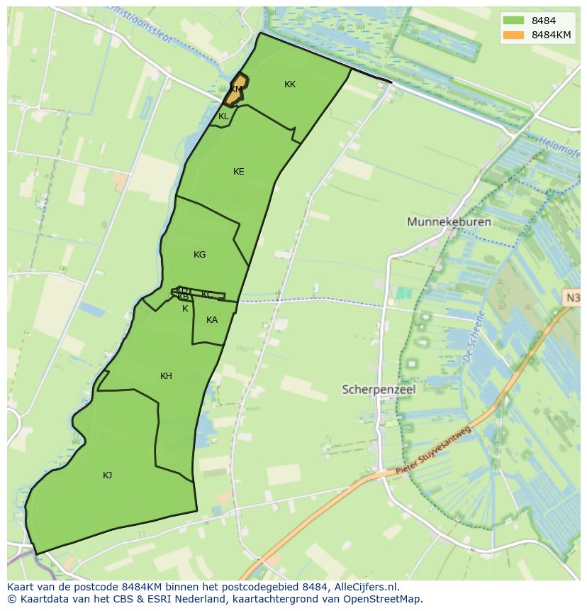 Afbeelding van het postcodegebied 8484 KM op de kaart.