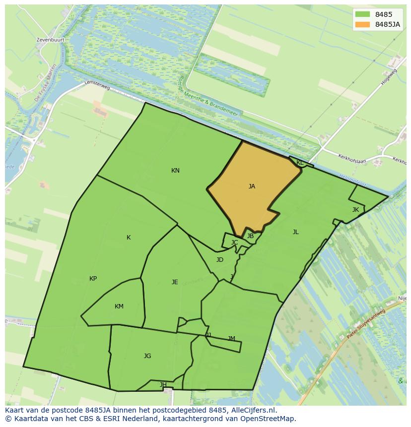Afbeelding van het postcodegebied 8485 JA op de kaart.