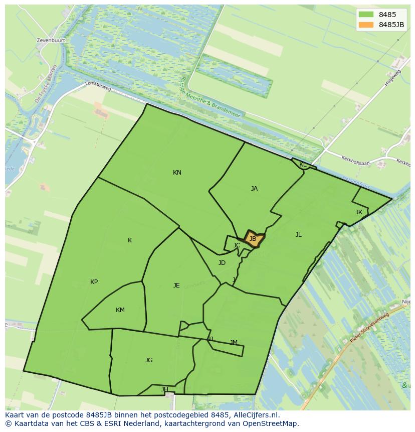 Afbeelding van het postcodegebied 8485 JB op de kaart.