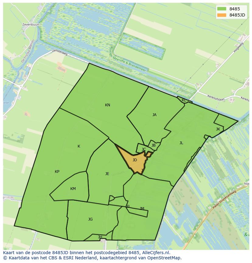 Afbeelding van het postcodegebied 8485 JD op de kaart.