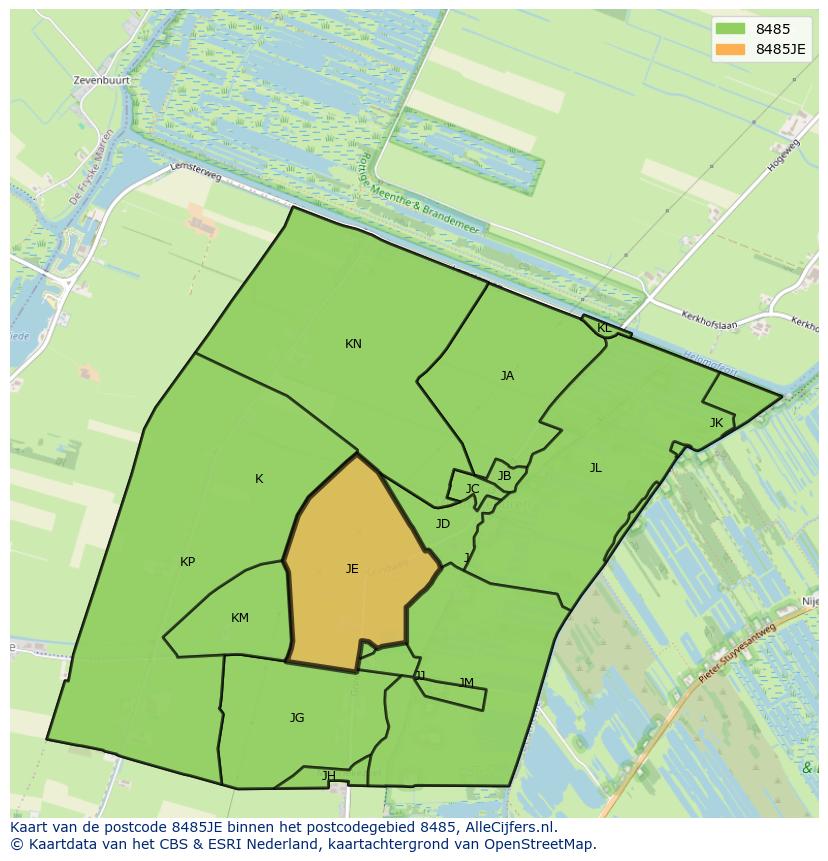 Afbeelding van het postcodegebied 8485 JE op de kaart.