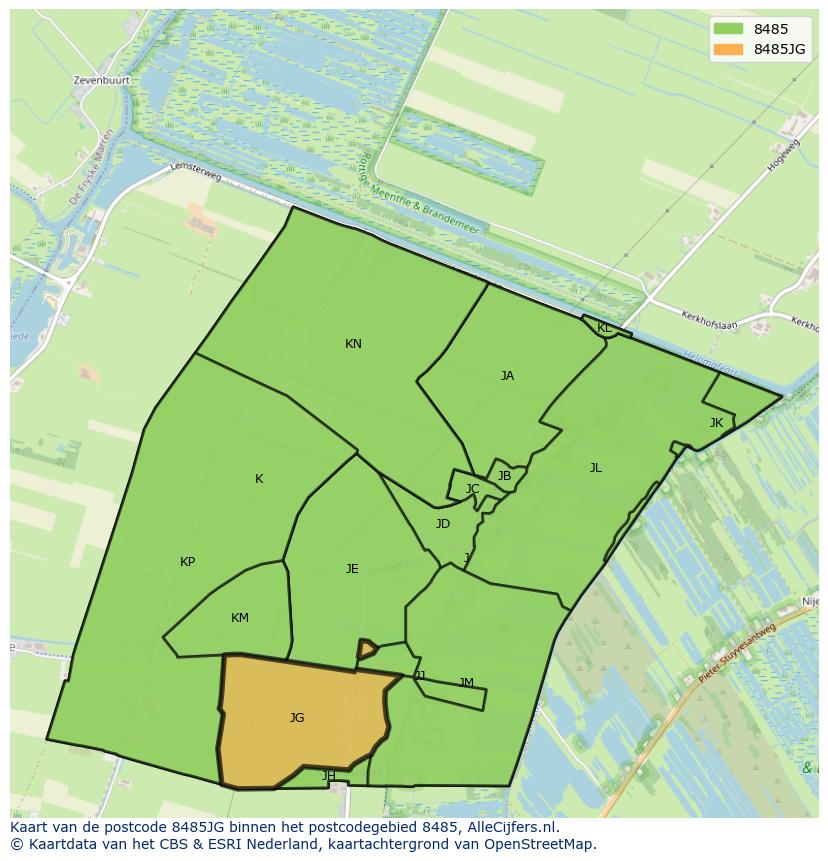 Afbeelding van het postcodegebied 8485 JG op de kaart.