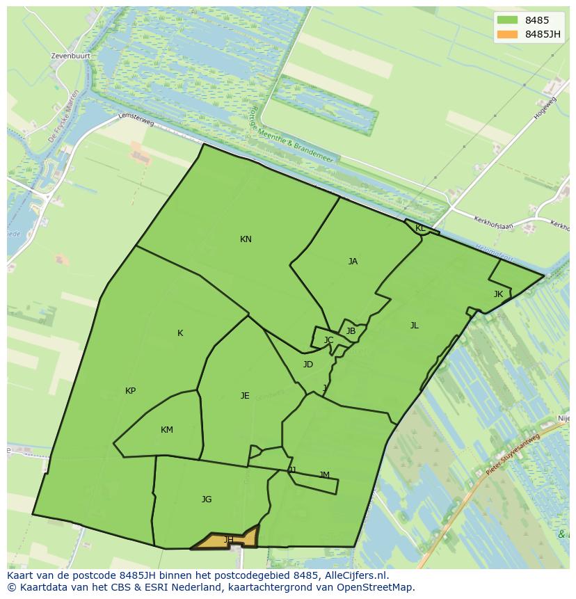 Afbeelding van het postcodegebied 8485 JH op de kaart.