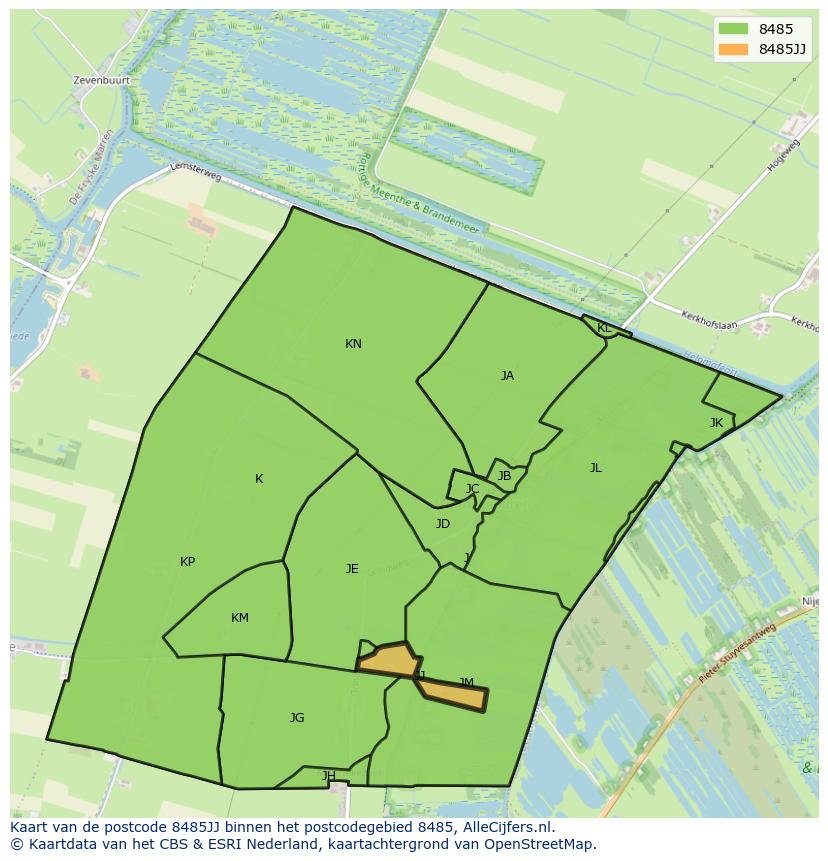 Afbeelding van het postcodegebied 8485 JJ op de kaart.