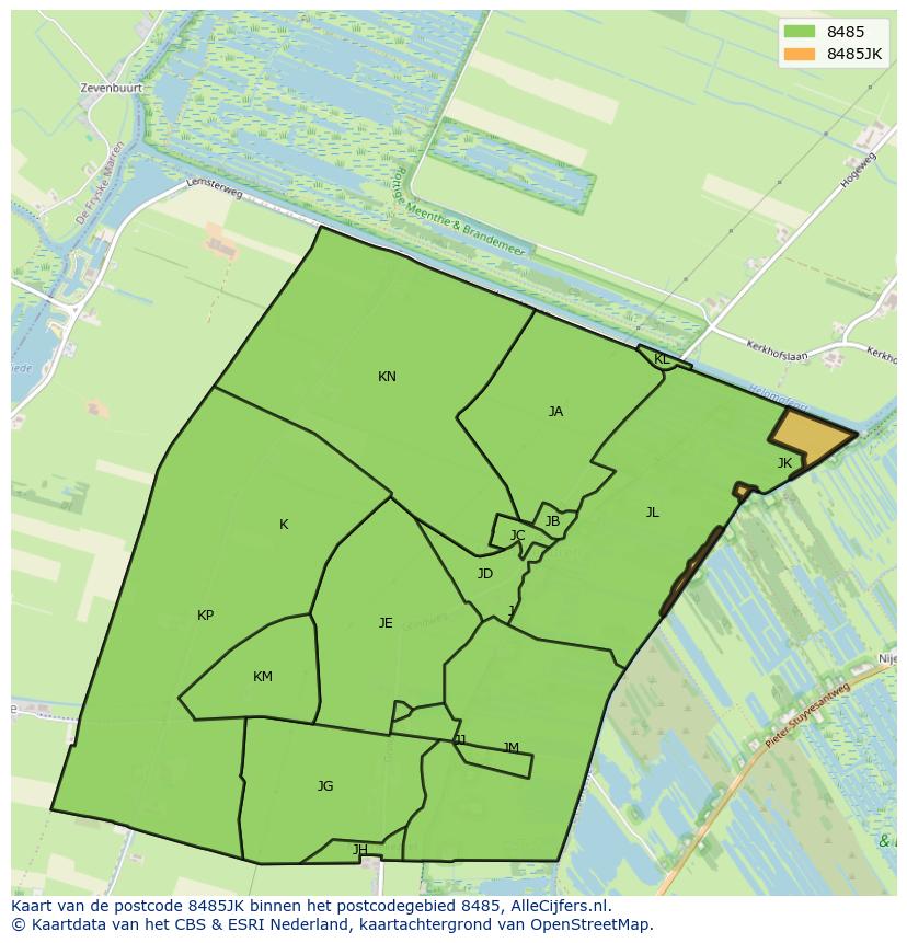 Afbeelding van het postcodegebied 8485 JK op de kaart.