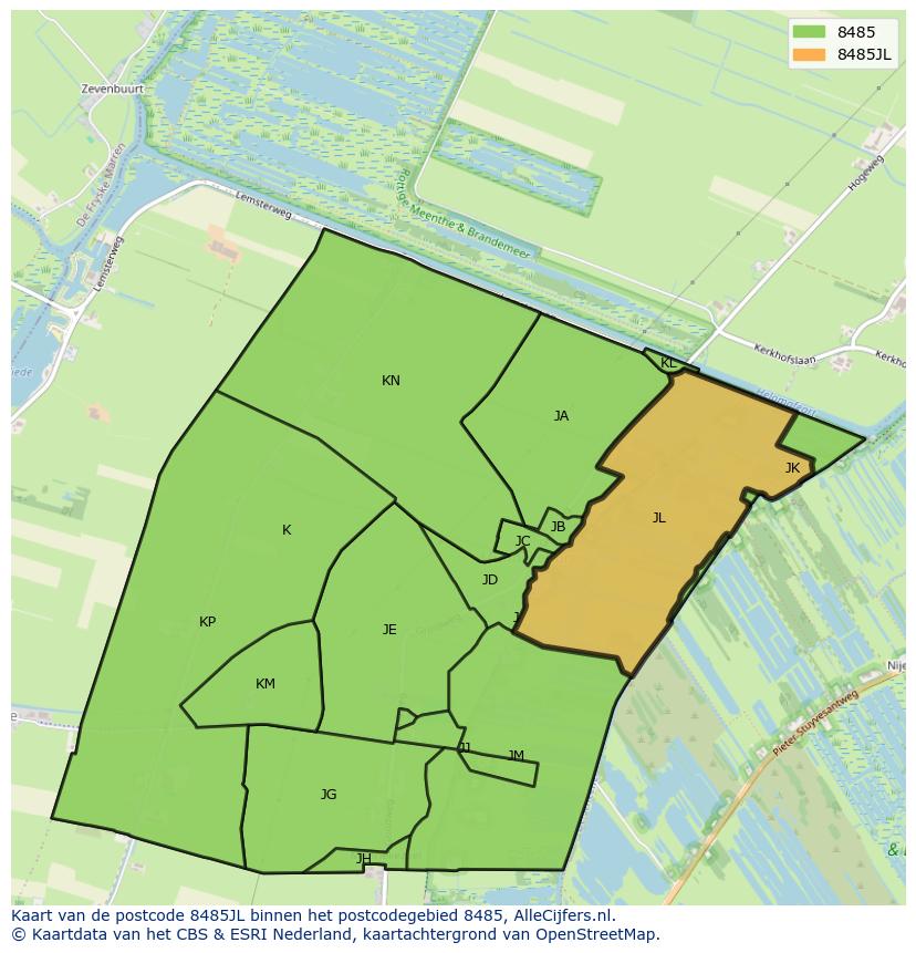 Afbeelding van het postcodegebied 8485 JL op de kaart.