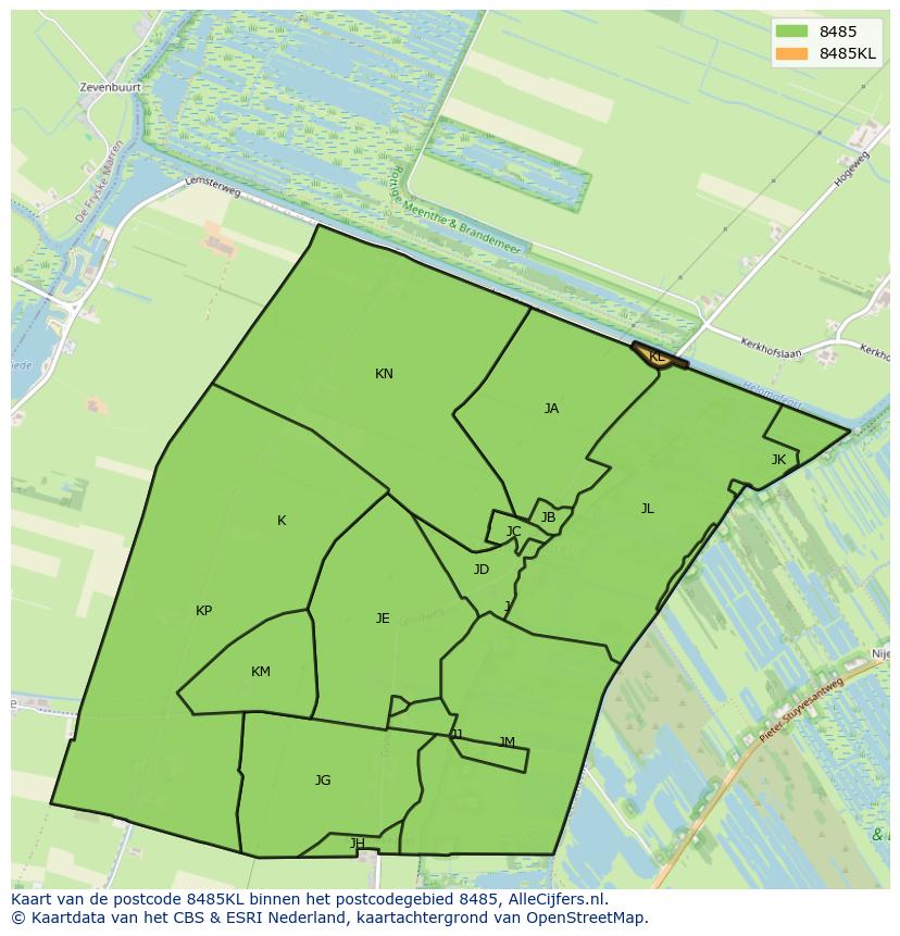 Afbeelding van het postcodegebied 8485 KL op de kaart.