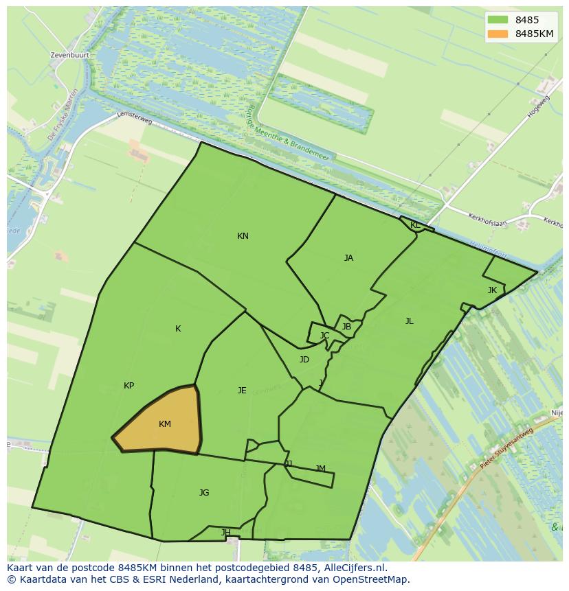 Afbeelding van het postcodegebied 8485 KM op de kaart.