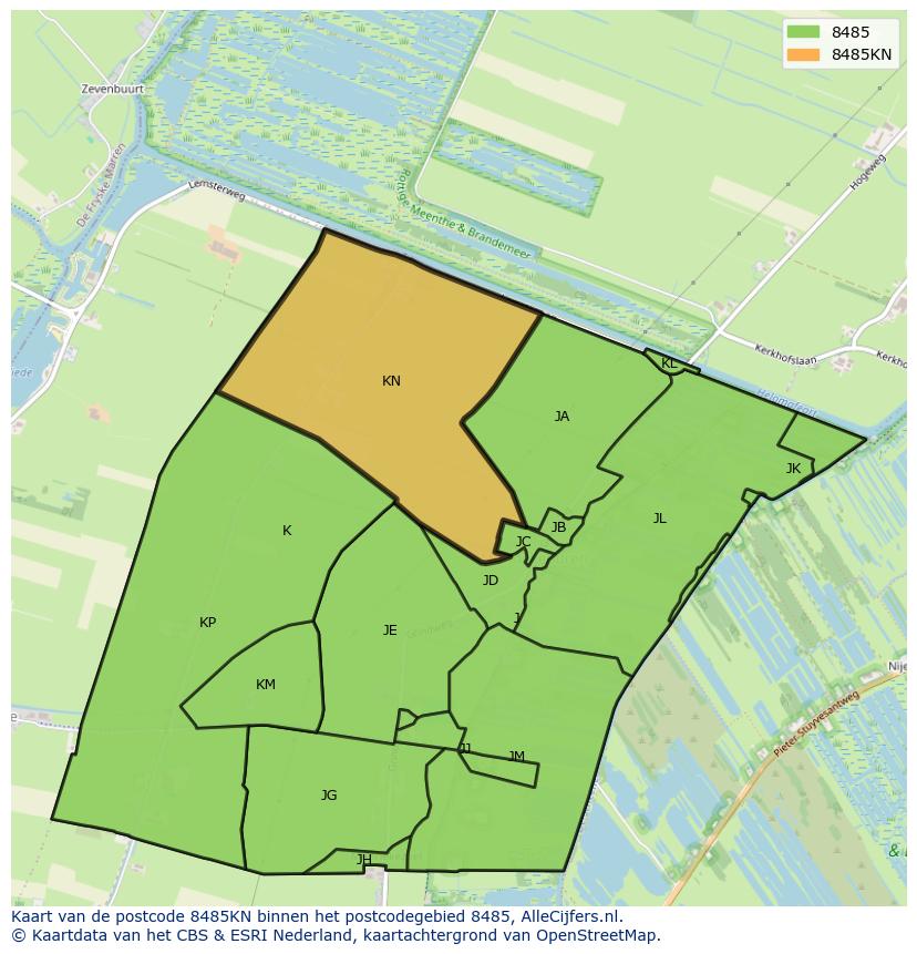 Afbeelding van het postcodegebied 8485 KN op de kaart.