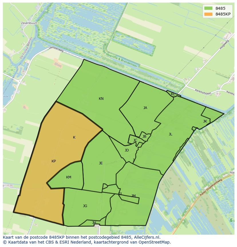 Afbeelding van het postcodegebied 8485 KP op de kaart.