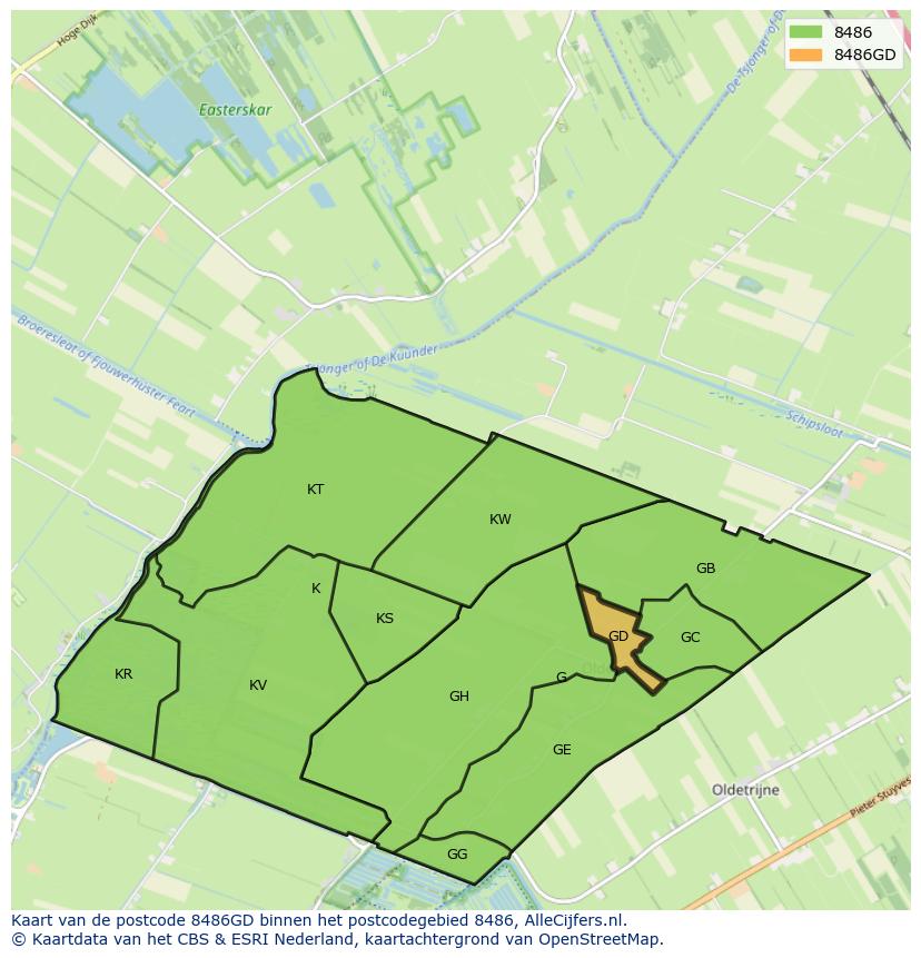 Afbeelding van het postcodegebied 8486 GD op de kaart.