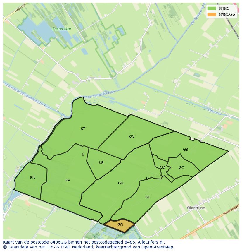 Afbeelding van het postcodegebied 8486 GG op de kaart.