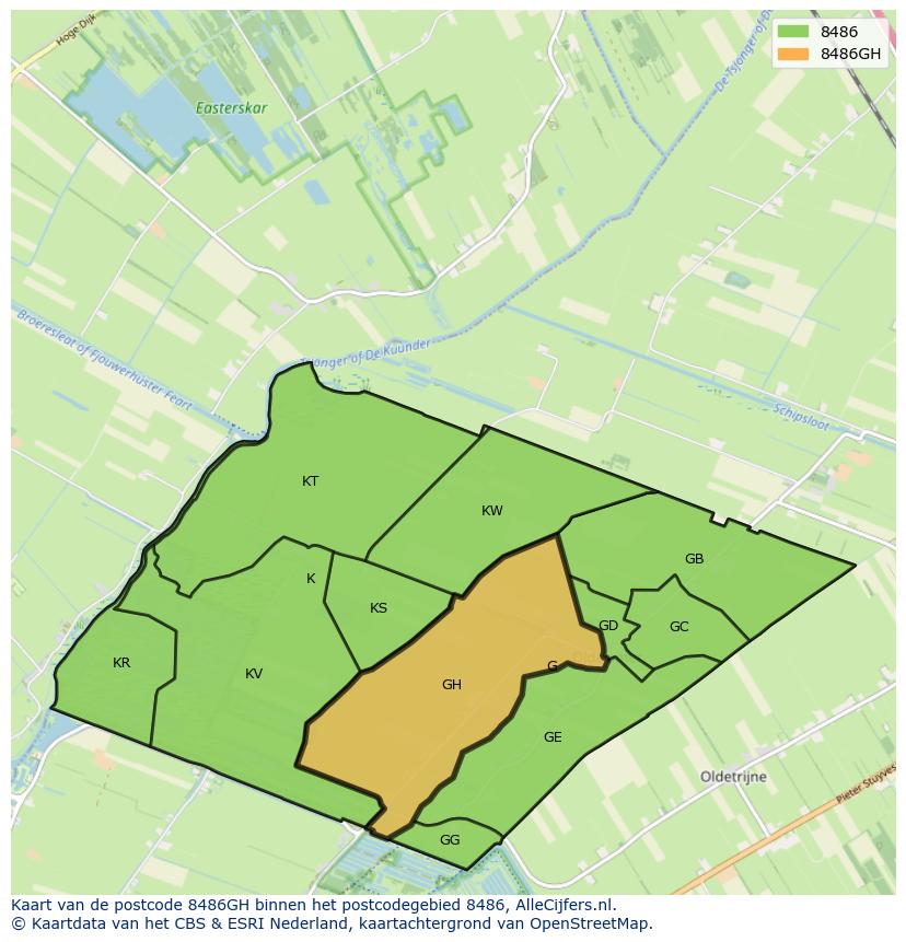 Afbeelding van het postcodegebied 8486 GH op de kaart.