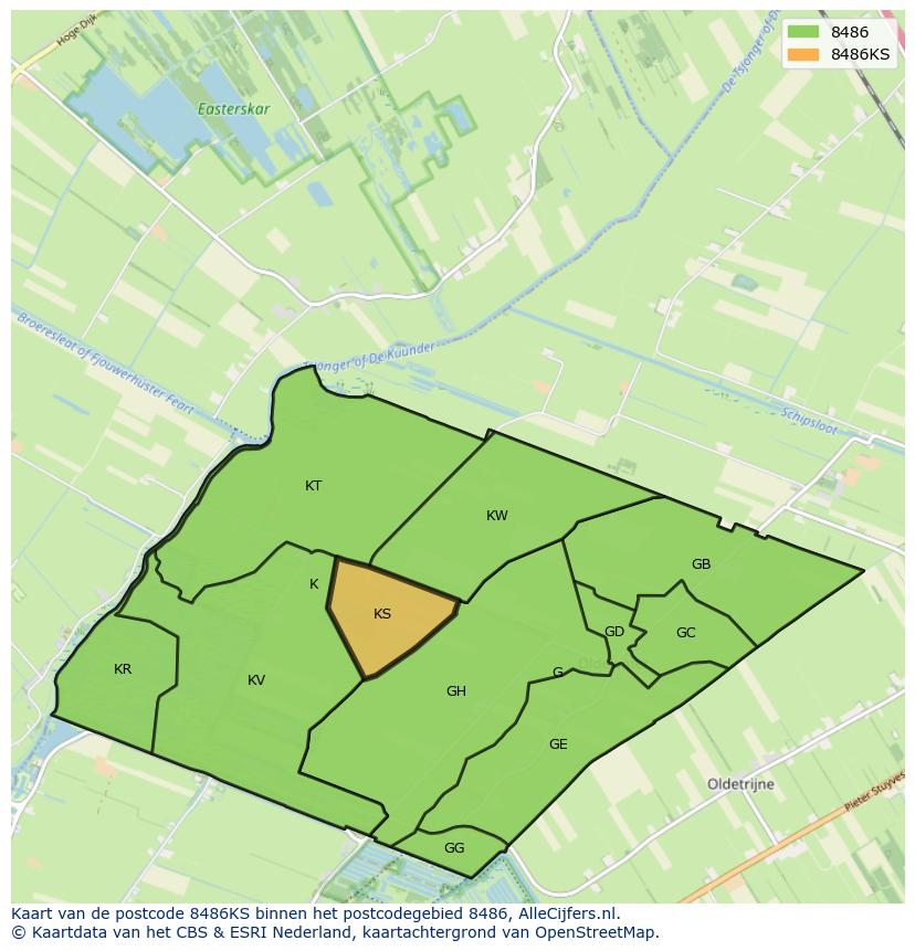 Afbeelding van het postcodegebied 8486 KS op de kaart.
