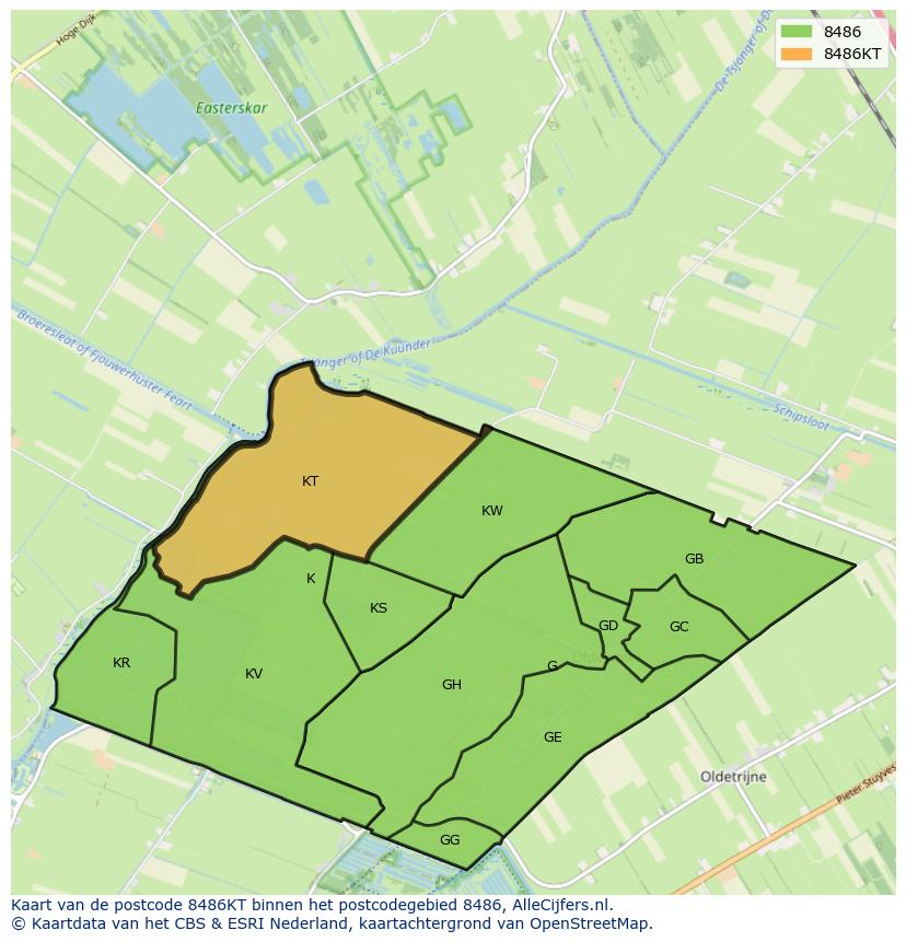 Afbeelding van het postcodegebied 8486 KT op de kaart.