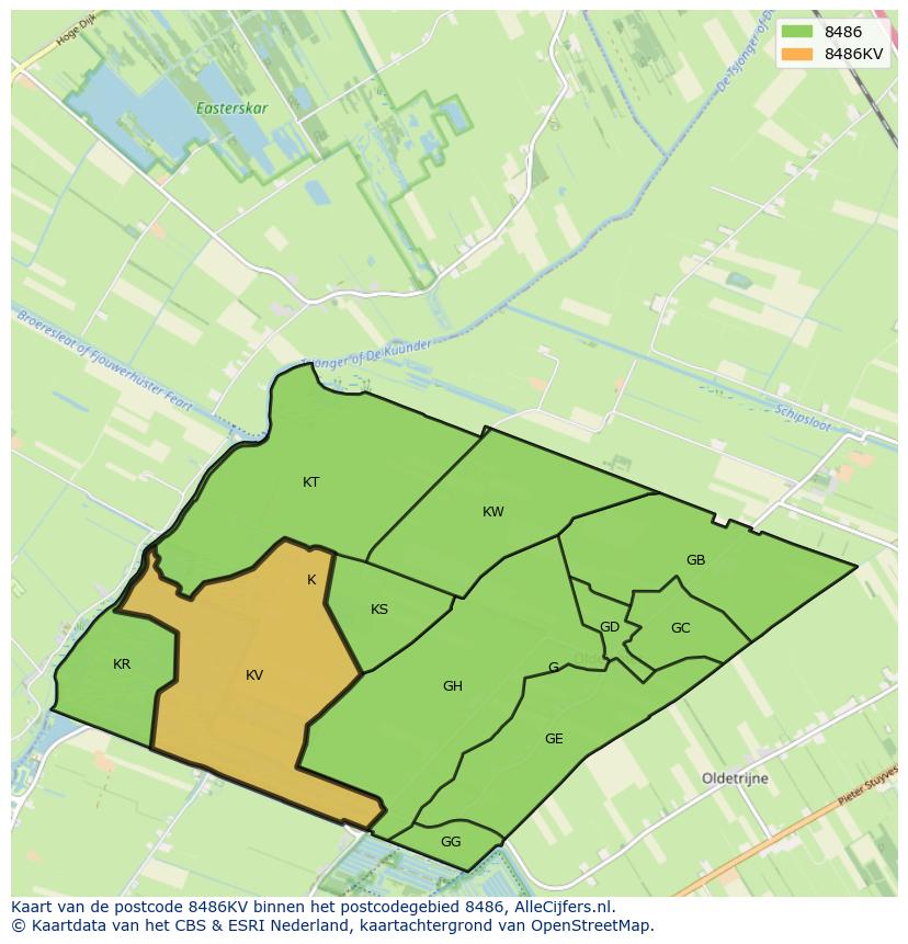 Afbeelding van het postcodegebied 8486 KV op de kaart.