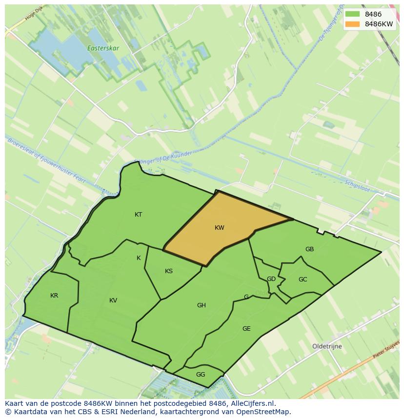Afbeelding van het postcodegebied 8486 KW op de kaart.