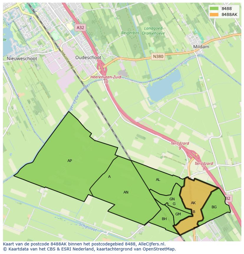 Afbeelding van het postcodegebied 8488 AK op de kaart.