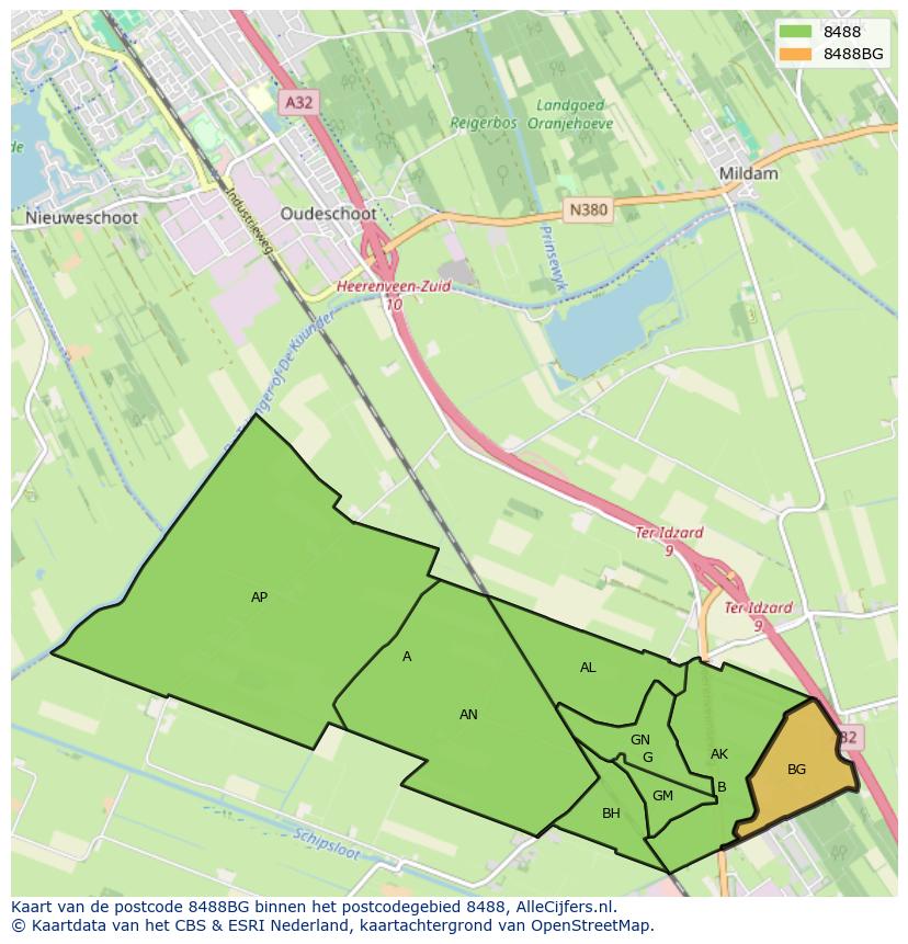 Afbeelding van het postcodegebied 8488 BG op de kaart.