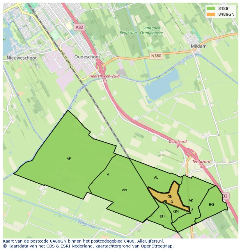 Afbeelding van het postcodegebied 8488 GN op de kaart.