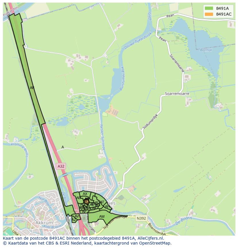 Afbeelding van het postcodegebied 8491 AC op de kaart.