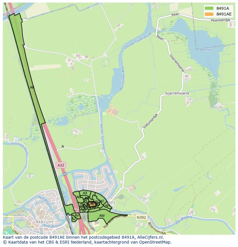 Afbeelding van het postcodegebied 8491 AE op de kaart.